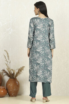 Teal Green Cotton Floral Printed Unstitched Suit Set image number 5