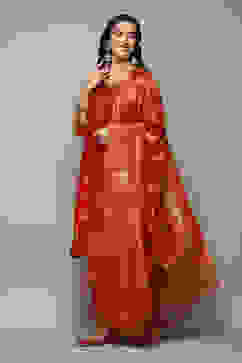 Red Cotton Blend Straight Yarndyed Kurta Palazzo Suit Set image number 4