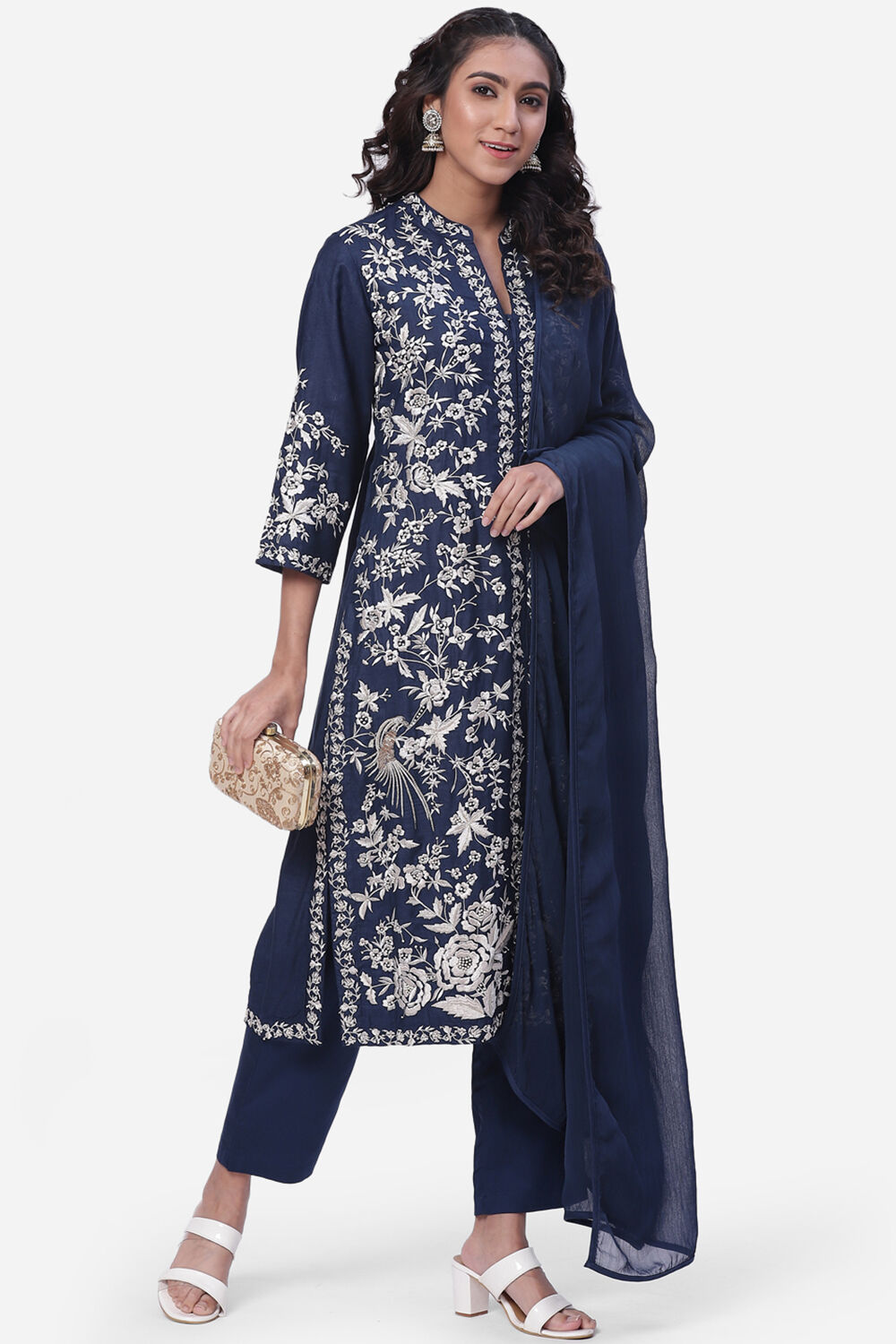 Blue Viscose Silk Straight Kurta Regular Pant Suit Set image number 6