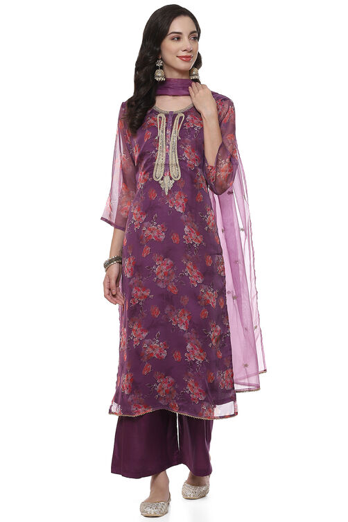 Purple Organza Digital Print Unstitched Suit Set image number 1