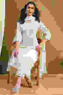 Off-White Cotton Printed Festive A-Line Suit Set image number 0