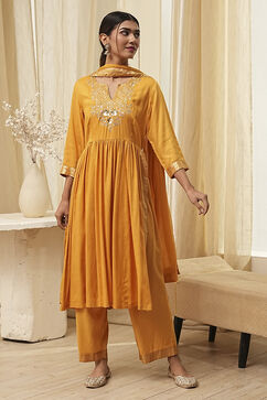 Ochre Yellow Viscose Embellished Gathered Suit Set image number 5