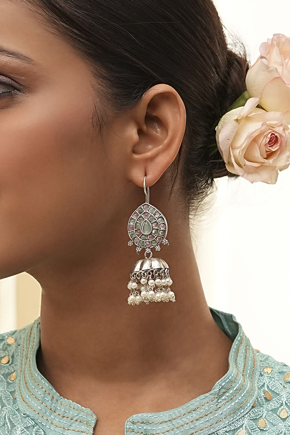 Mint Green Brass Jhumka image number 1