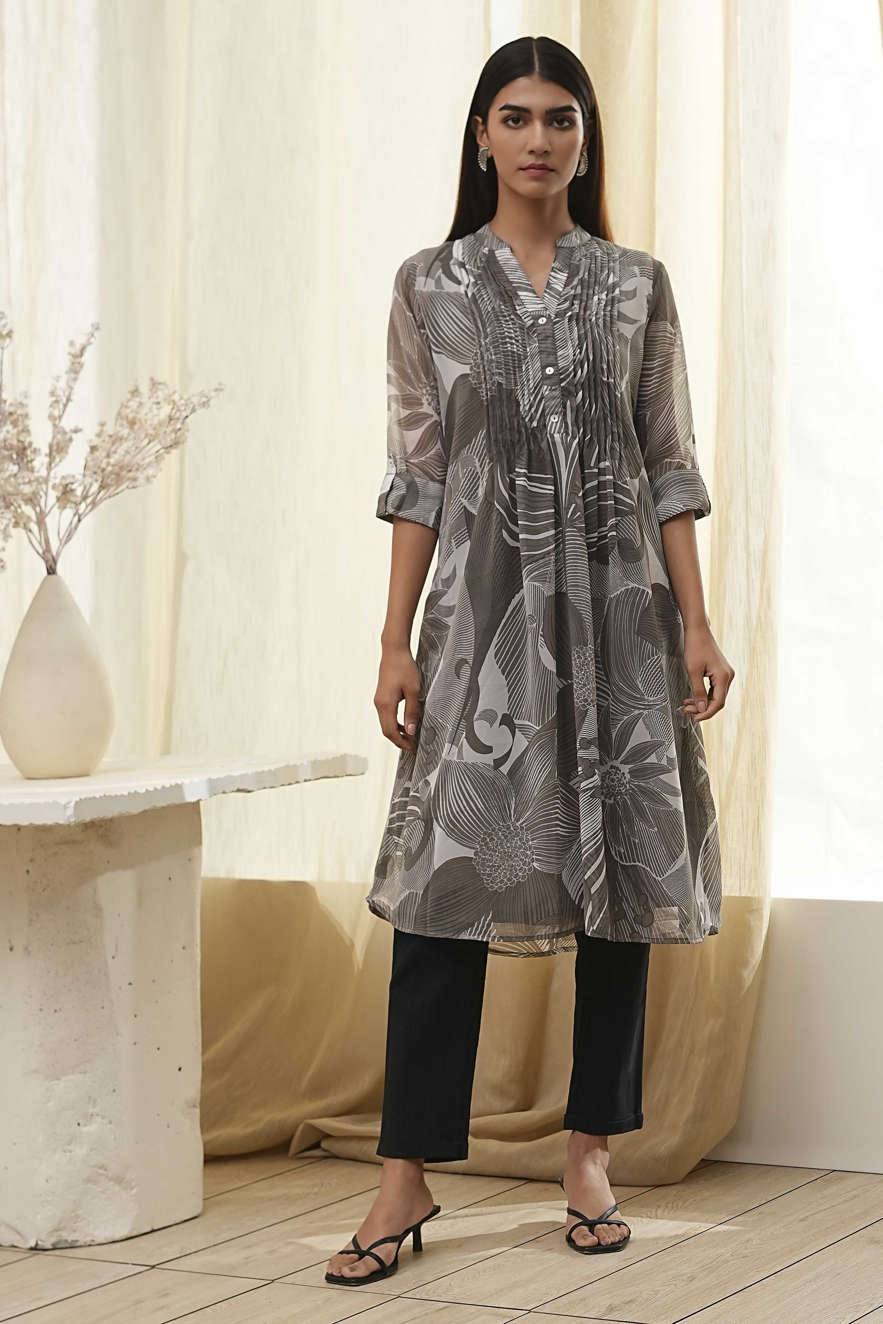 Grey Printed Pleated A-Line Kurta image number 5