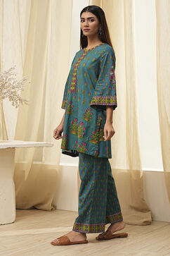 Teal Cotton Printed Straight Kurta Set image number 3