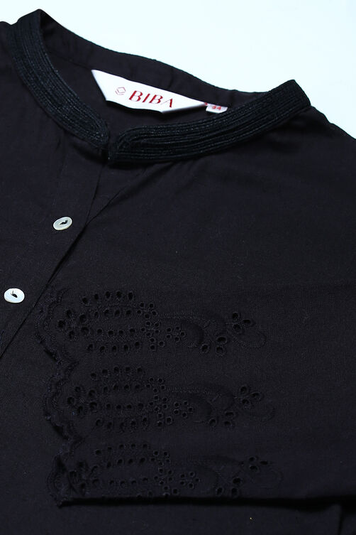 Black Cotton Flax Solid Kurti image number 1