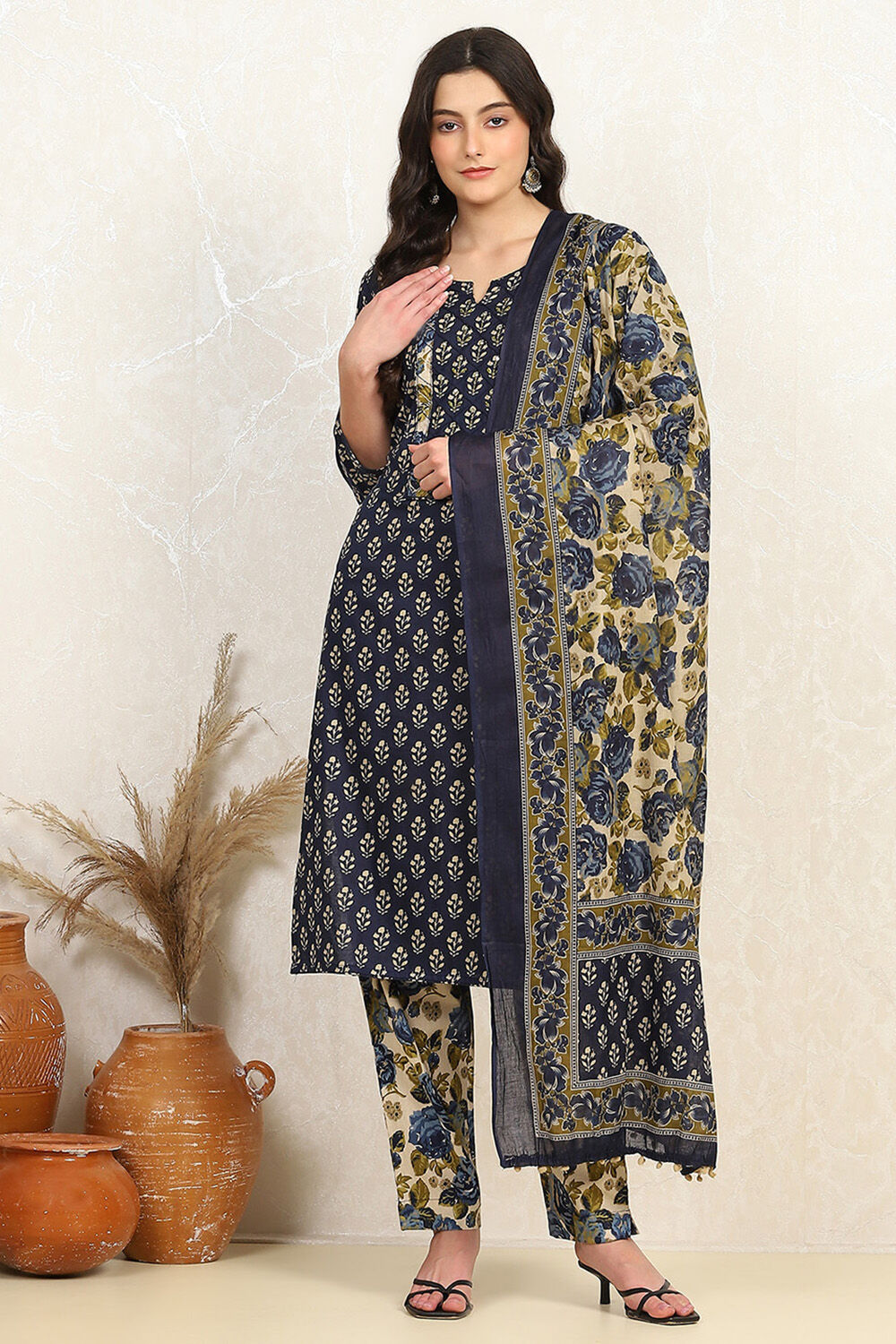 Blue Cotton Printed Unstitched Suit Set image number 7