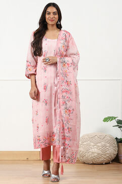 Pink Linen Floral Printed Unstitched Suit Set image number 5