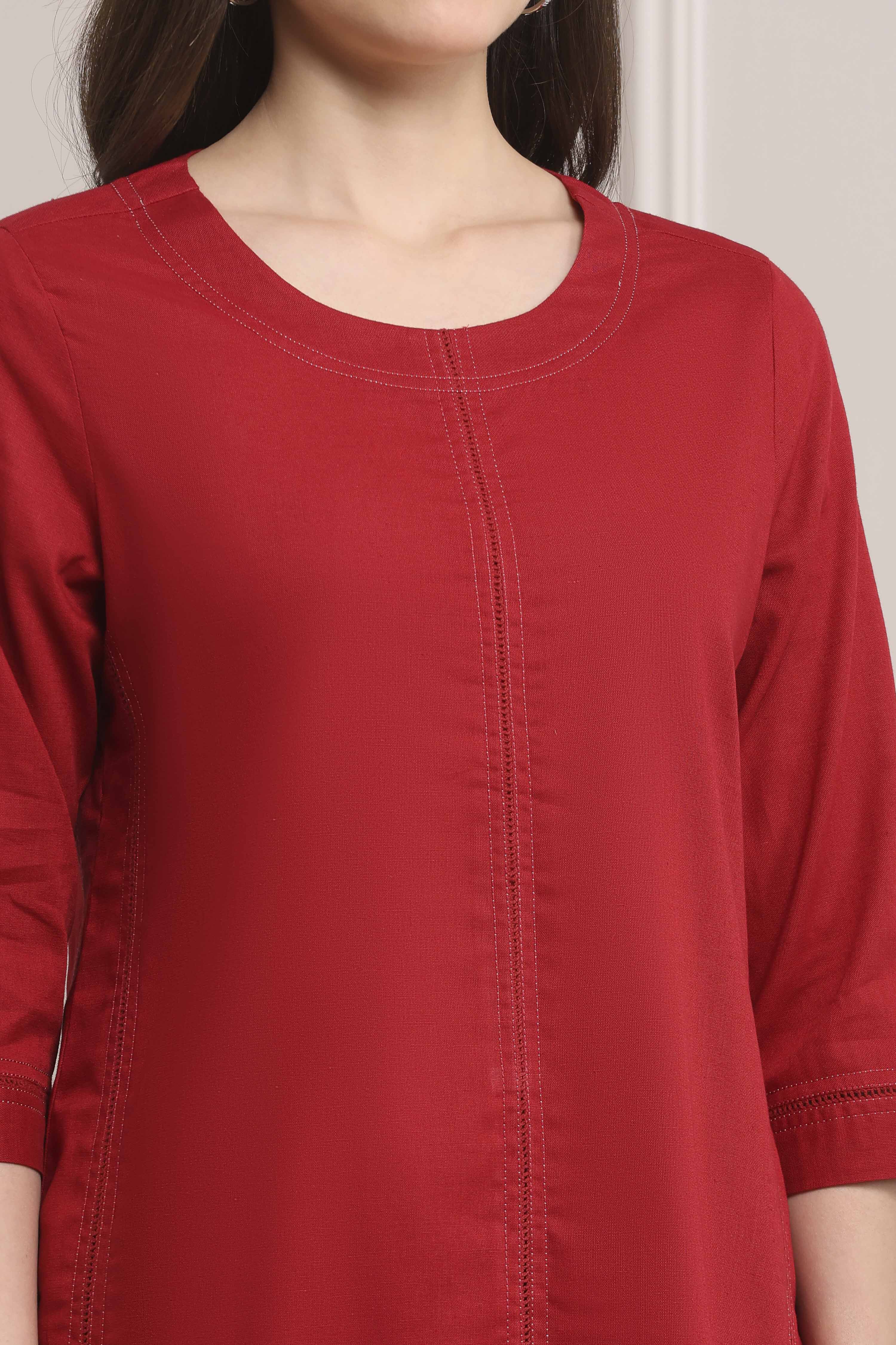 Red Cotton Solid Straight Kurta image number 1