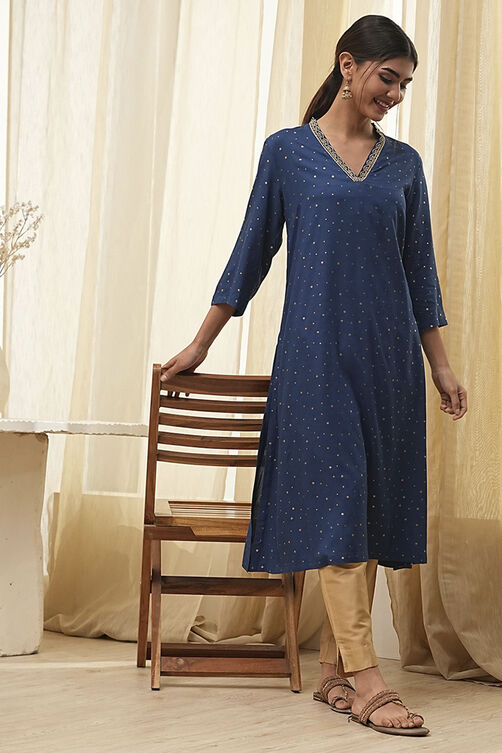 Blue Foil Printed Straight Kurta image number 0