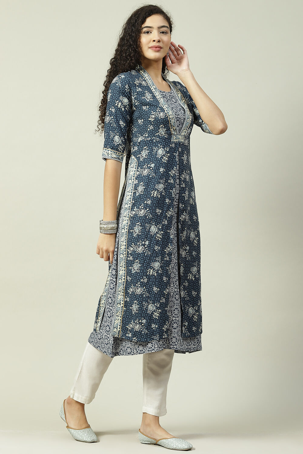 Navy LIVA A-Line Double Layered Printed Kurta image number 5