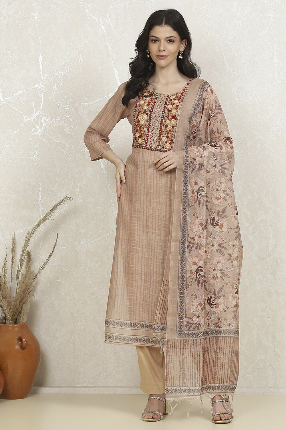 Beige Chanderi Hand Embroidered Unstitched Suit Set image number 7