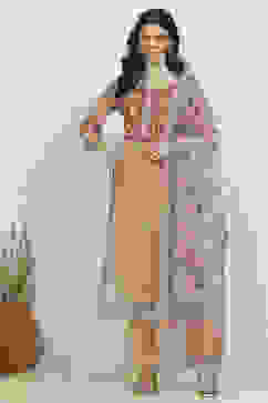 Beige Chanderi Hand Embroidered Unstitched Suit Set image number 7