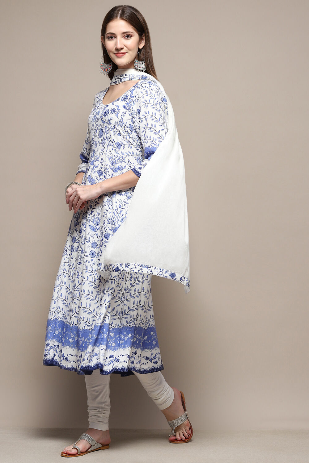 White and Blue Floral Anarkali Suit Set image number 0
