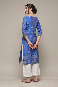 Royal Blue Rayon Straight Printed Kurta image number 4