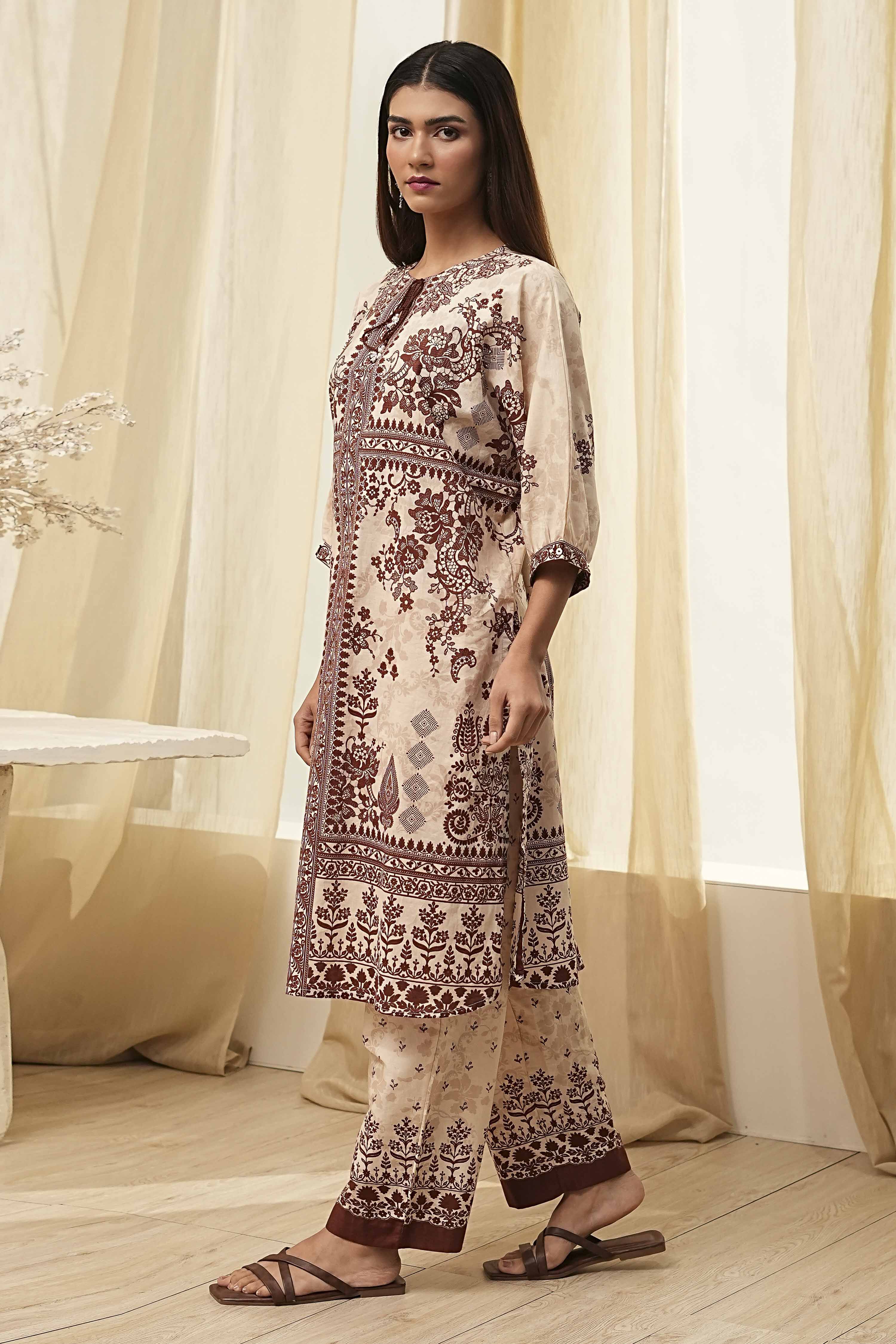 Beige and Brown Pure Cotton Printed Kurta Set image number 3