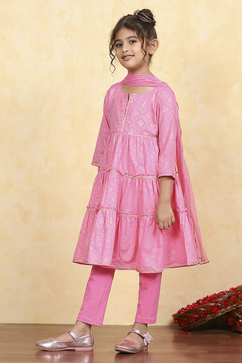Light Pink Cotton Tiered Printed Kurta Churidar Set image number 3