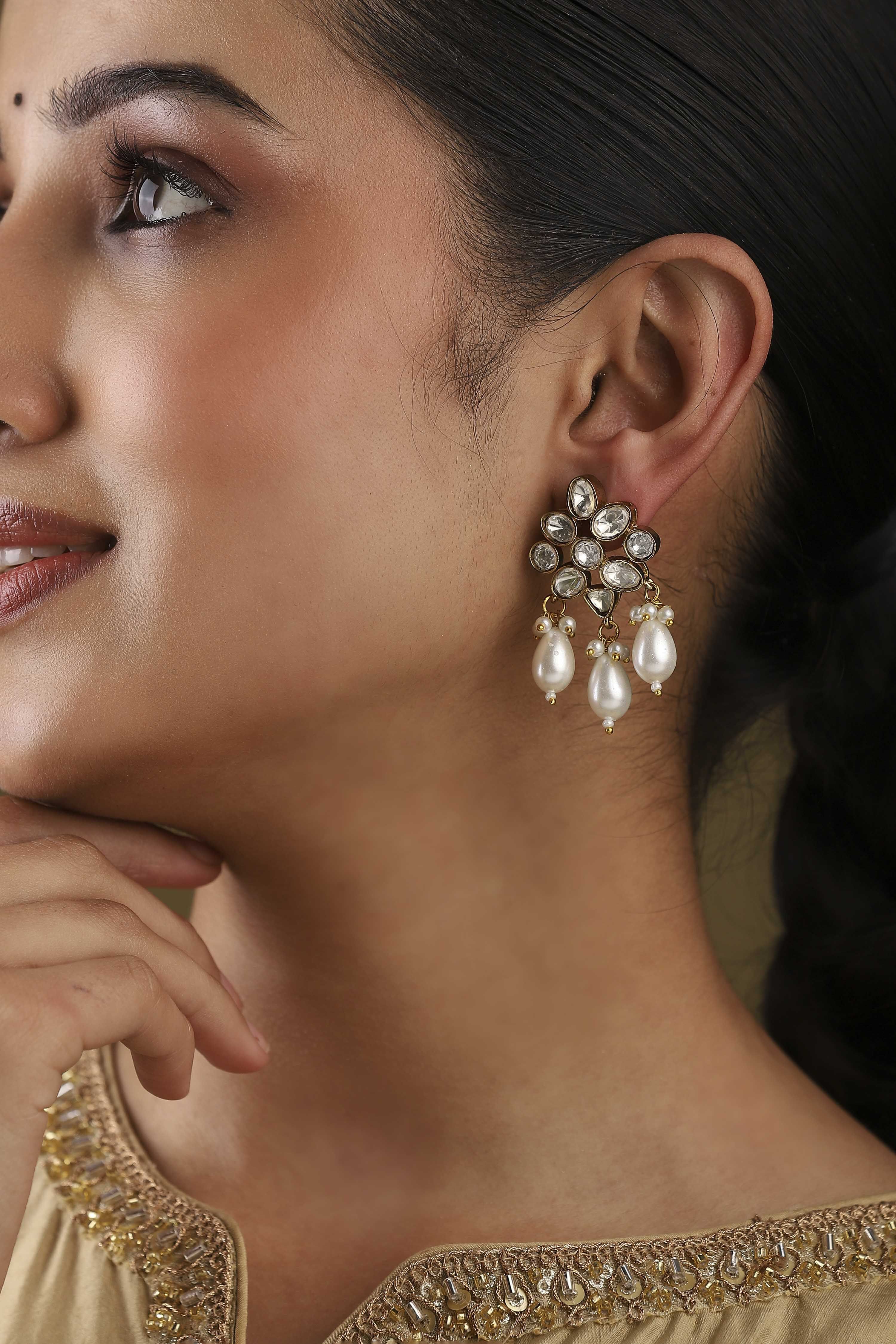 White Gold Plated Brass Studded Drop Earrings image number 1