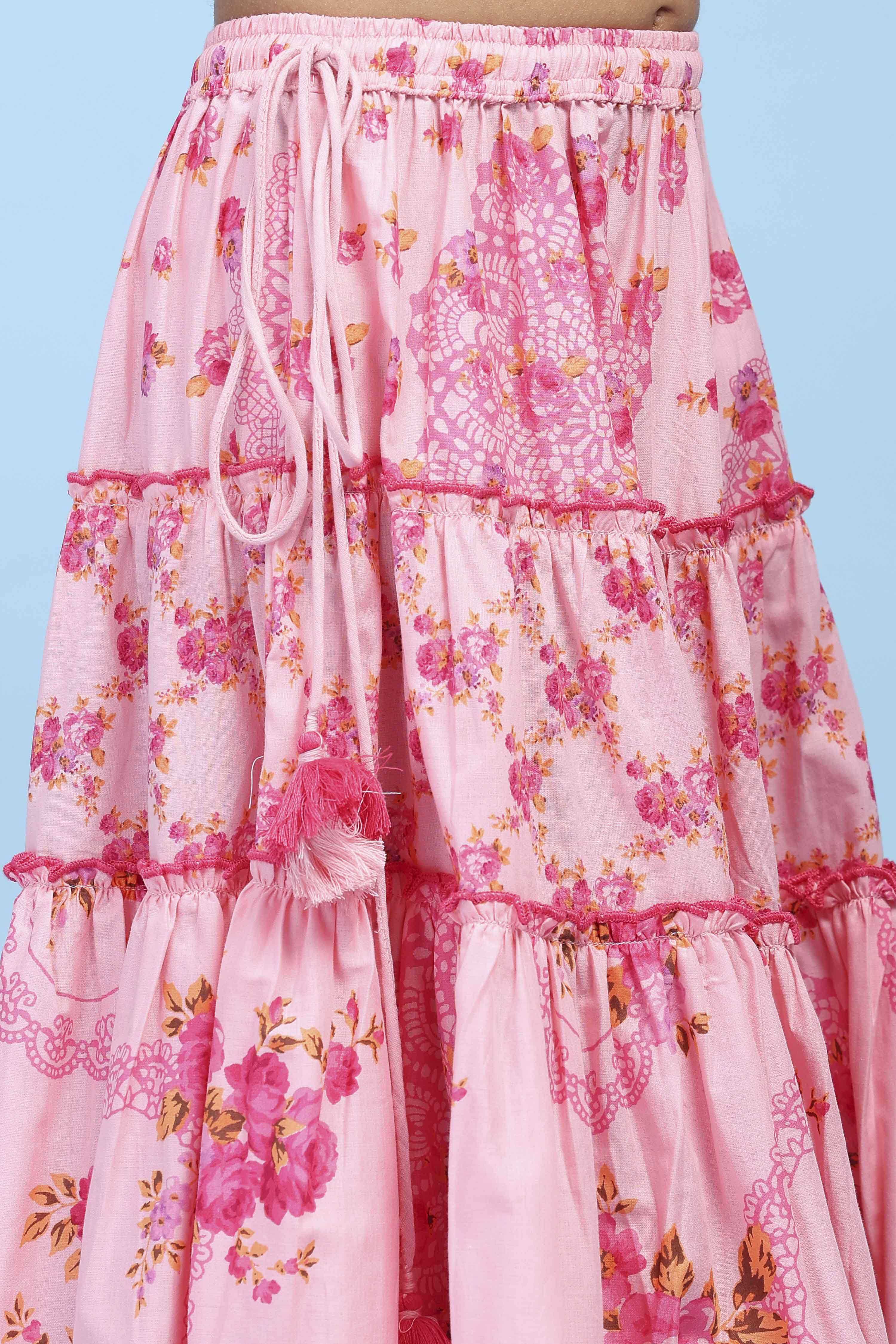 Pink Cotton Printed Tiered Lehenga Set image number 2