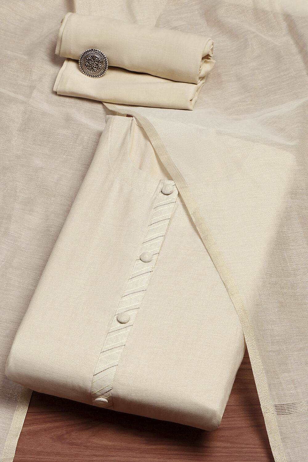 White Tissue Applique Unstitched Suit Set image number 0