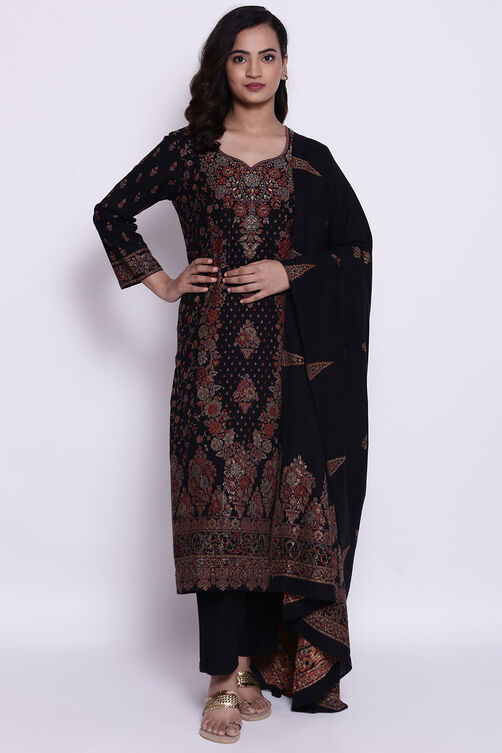 Black Cotton Straight Kurta Regular Pant Suit Set image number 0