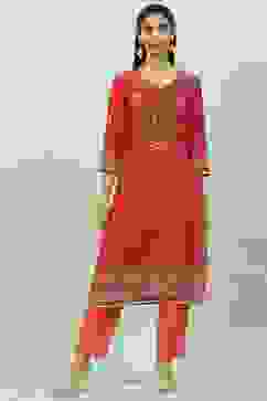 Red & Green LIVA Straight Printed Kurta image number 2