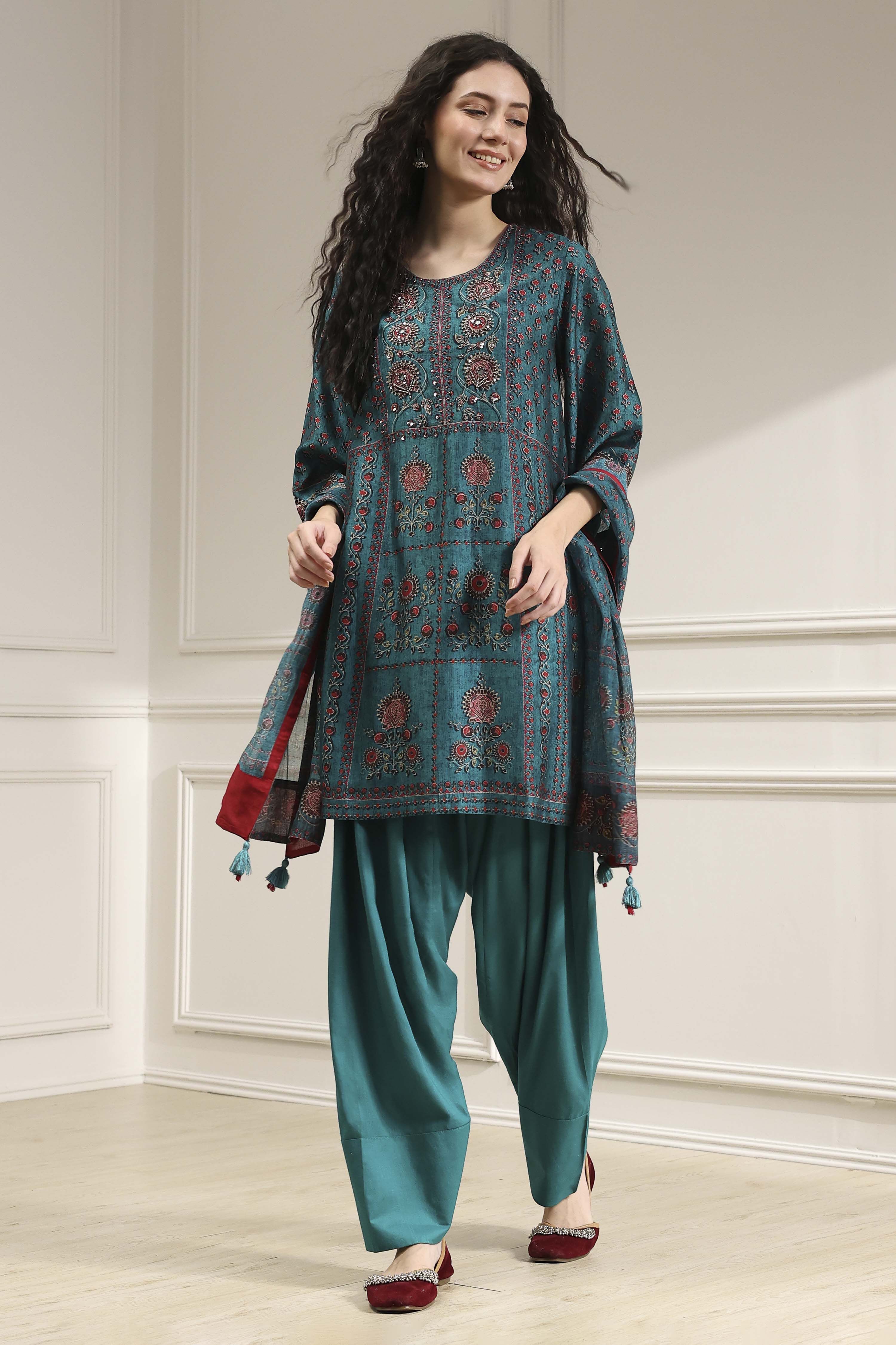 Teal Printed Straight Suit Set image number 0