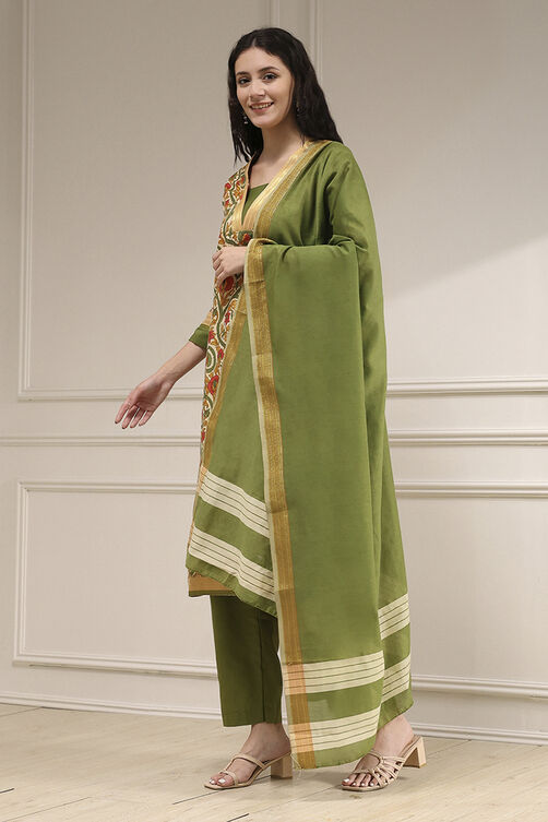 Green Tussar Digital Print Unstitched Suit Set image number 4