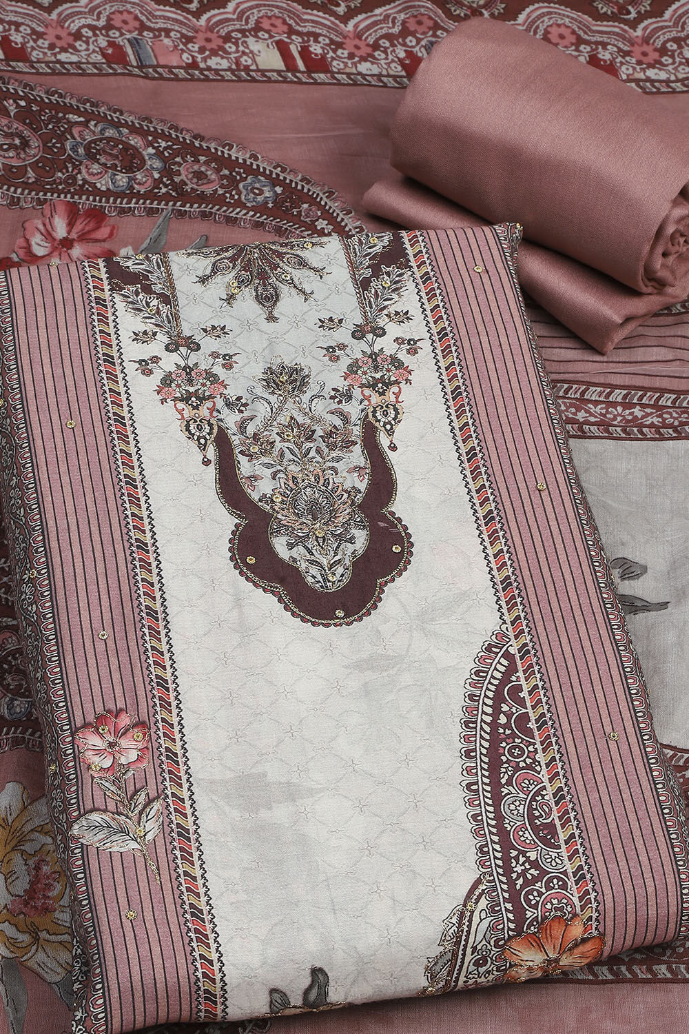 Wine Muslin Unstitched Suit Set image number 1