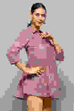 Rust Cotton Floral Printed A-Line Shirt Style Kurti image number 5