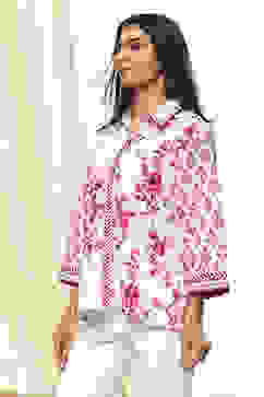 White and Pink Cotton High-Low Straight Shirt image number 2