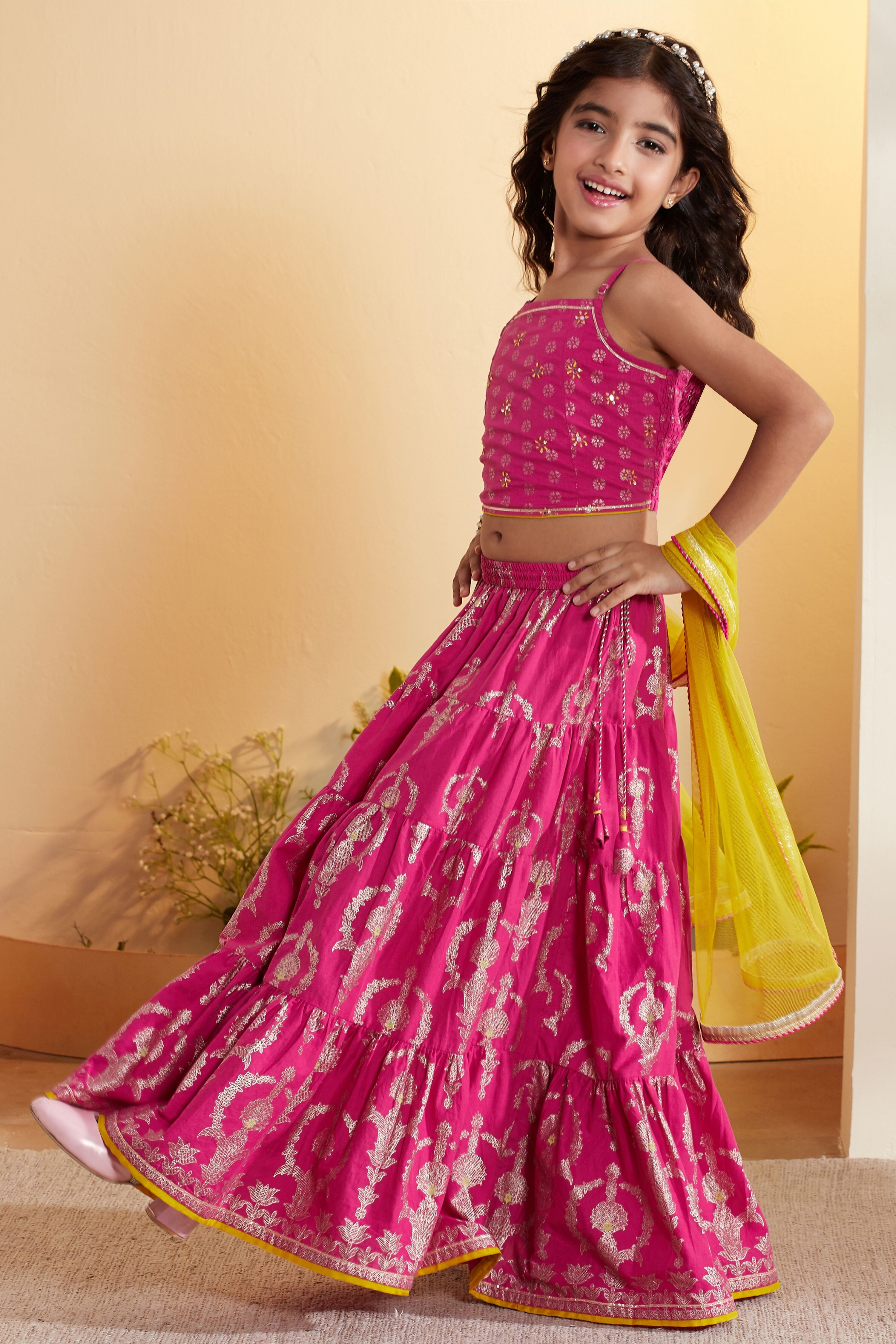 Pink Cotton Printed Tiered Lehenga Set image number 3