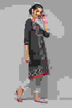 Navy LIVA Straight Printed Kurta image number 3