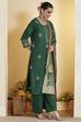 Green Poly Viscose Slub Embroidered Straight Kurta Set image number 5