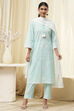 Aqua Cotton Printed Straight Suit Set image number 6