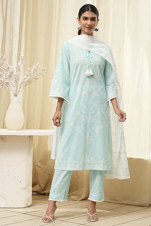 Aqua Cotton Printed Straight Suit Set image number 6