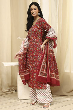 Brown and White Cotton Screen Print Unstitched Suit Set image number 1