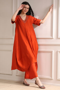 Burnt Orange Dyed Asymmetric Kurta Set image number 0