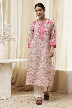 Beige Cotton Printed Straight Kurta image number 5