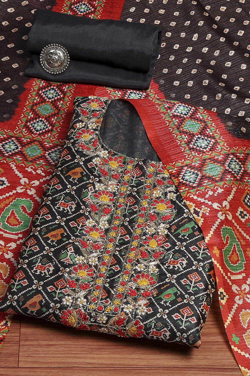 Black Tissue Machine Embroidered Unstitched Suit Set image number 0