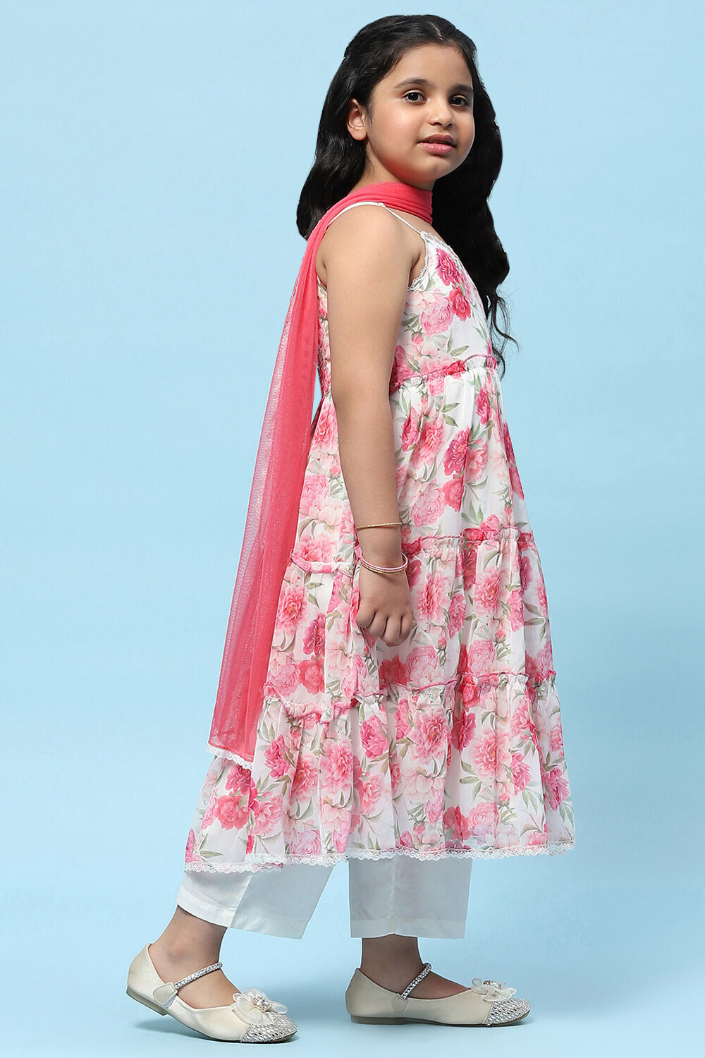 Off-White and Pink Poly Chiffon Floral Tiered Suit Set image number 6