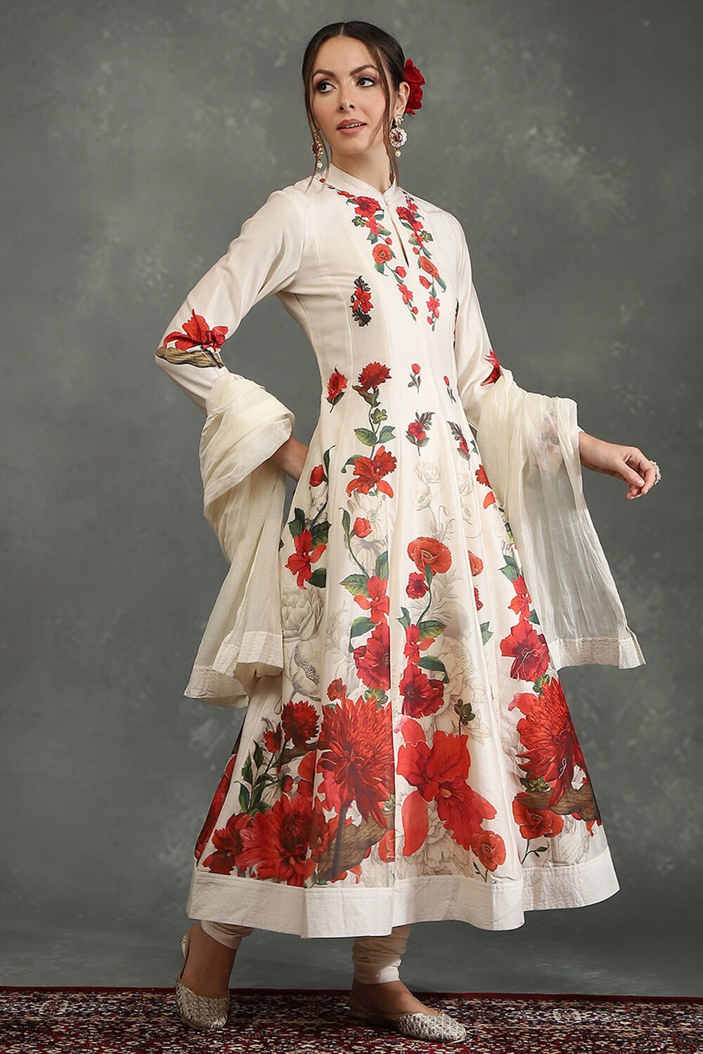 Rohit Bal Ivory Silk Chanderi Floral Printed Kalidar Suit Set image number 5