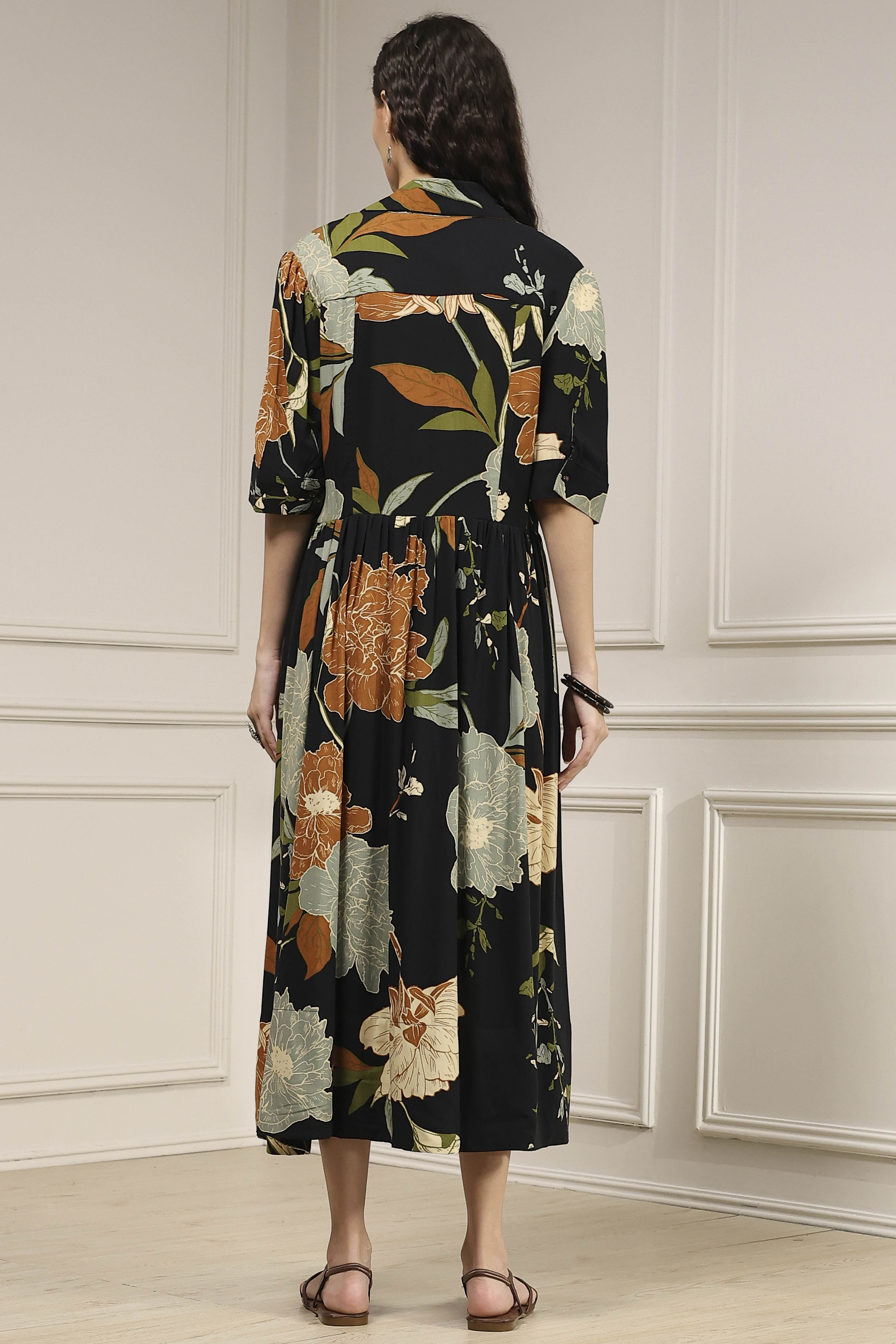 Black Viscose Rayon Straight Printed Dress image number 3