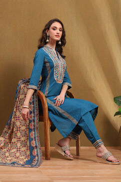 Teal Cotton Floral Printed Straight Suit Set image number 0