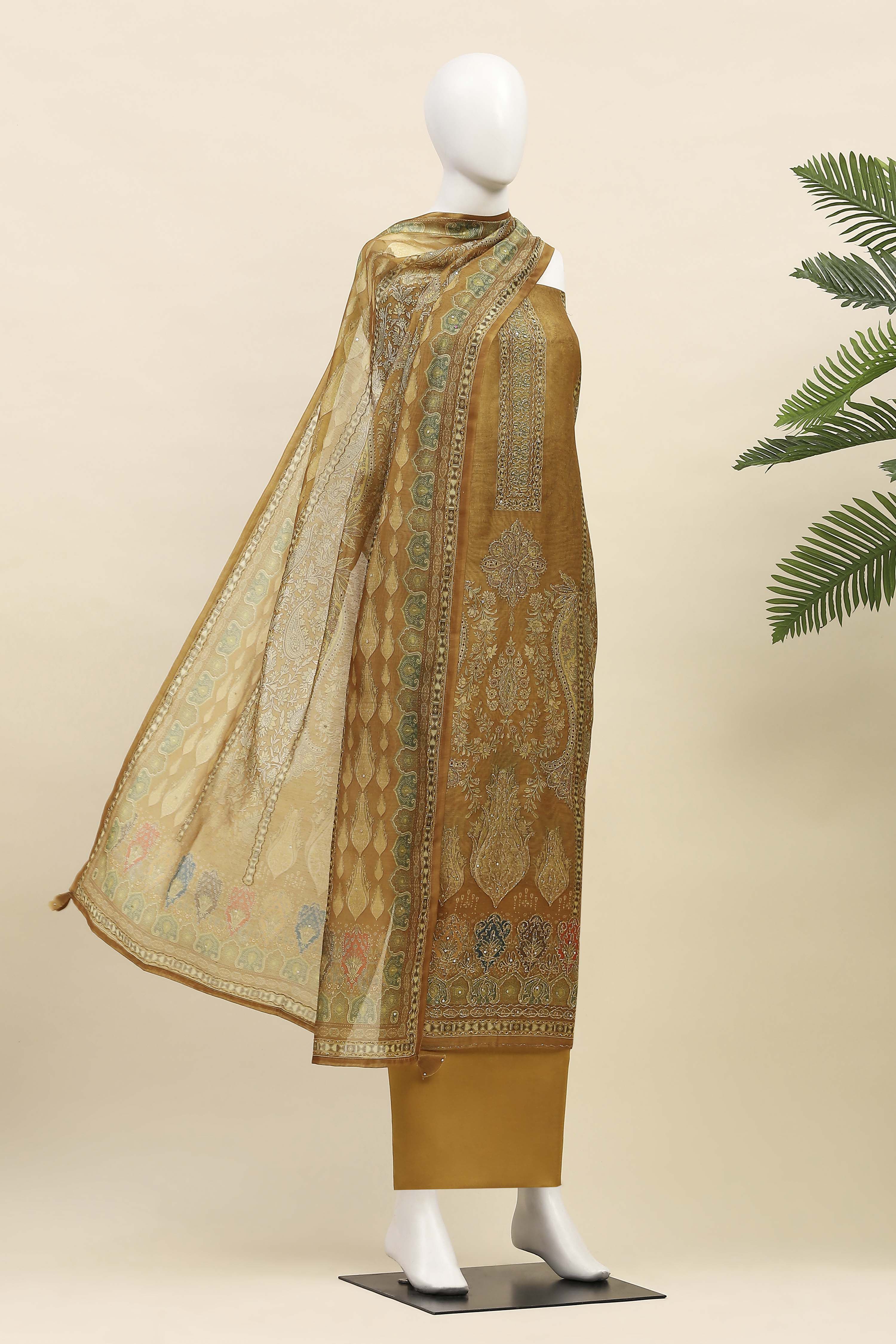 Rust Cotton Printed Unstitched Kurta Set image number 4