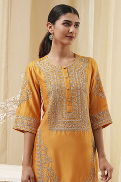 Ochre Yellow Cotton Silk Straight Suit Set image number 2