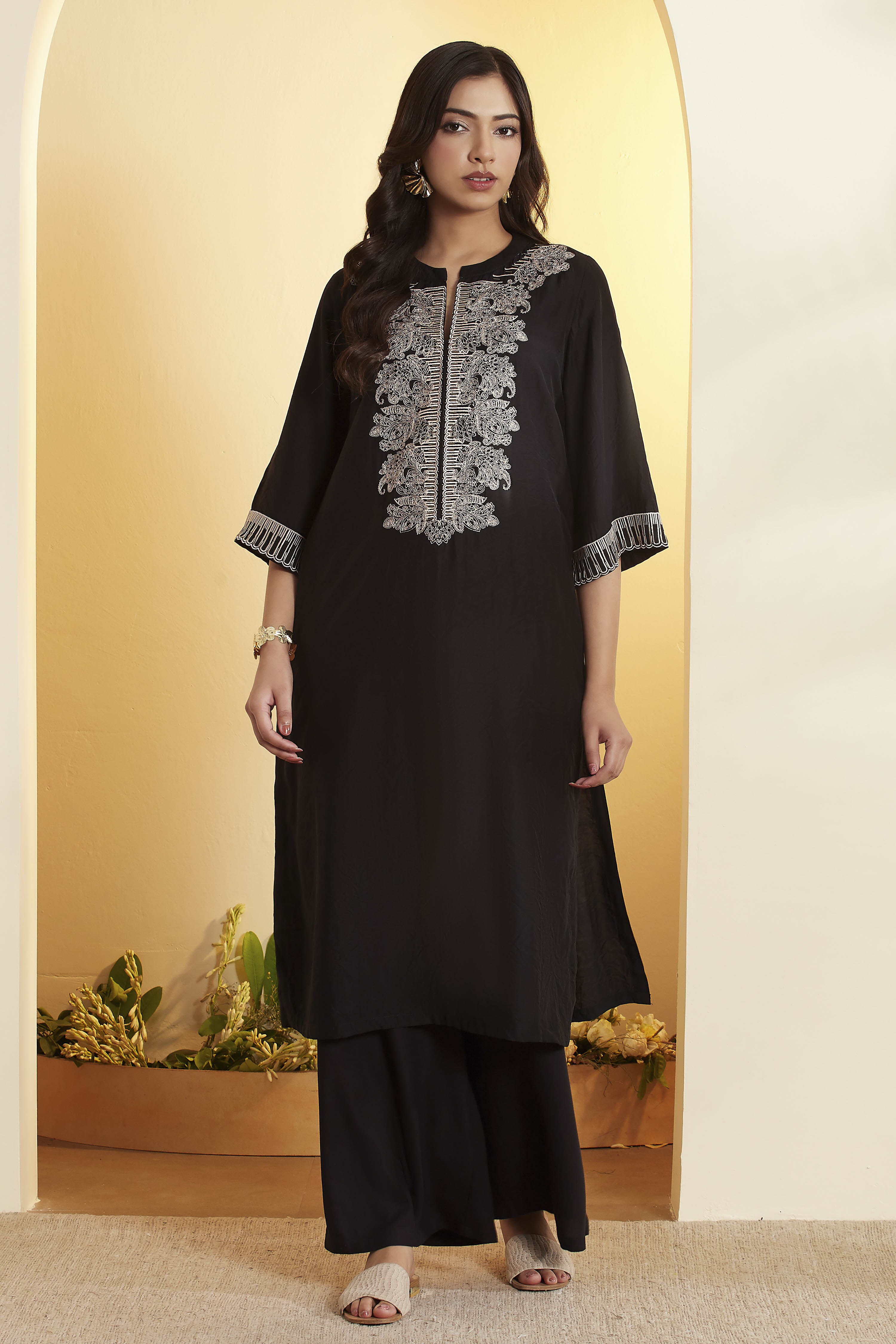 Black Viscose Silk Straight Kurta image number 5