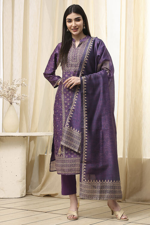 Purple Chanderi Unstitched Suit Set image number 1