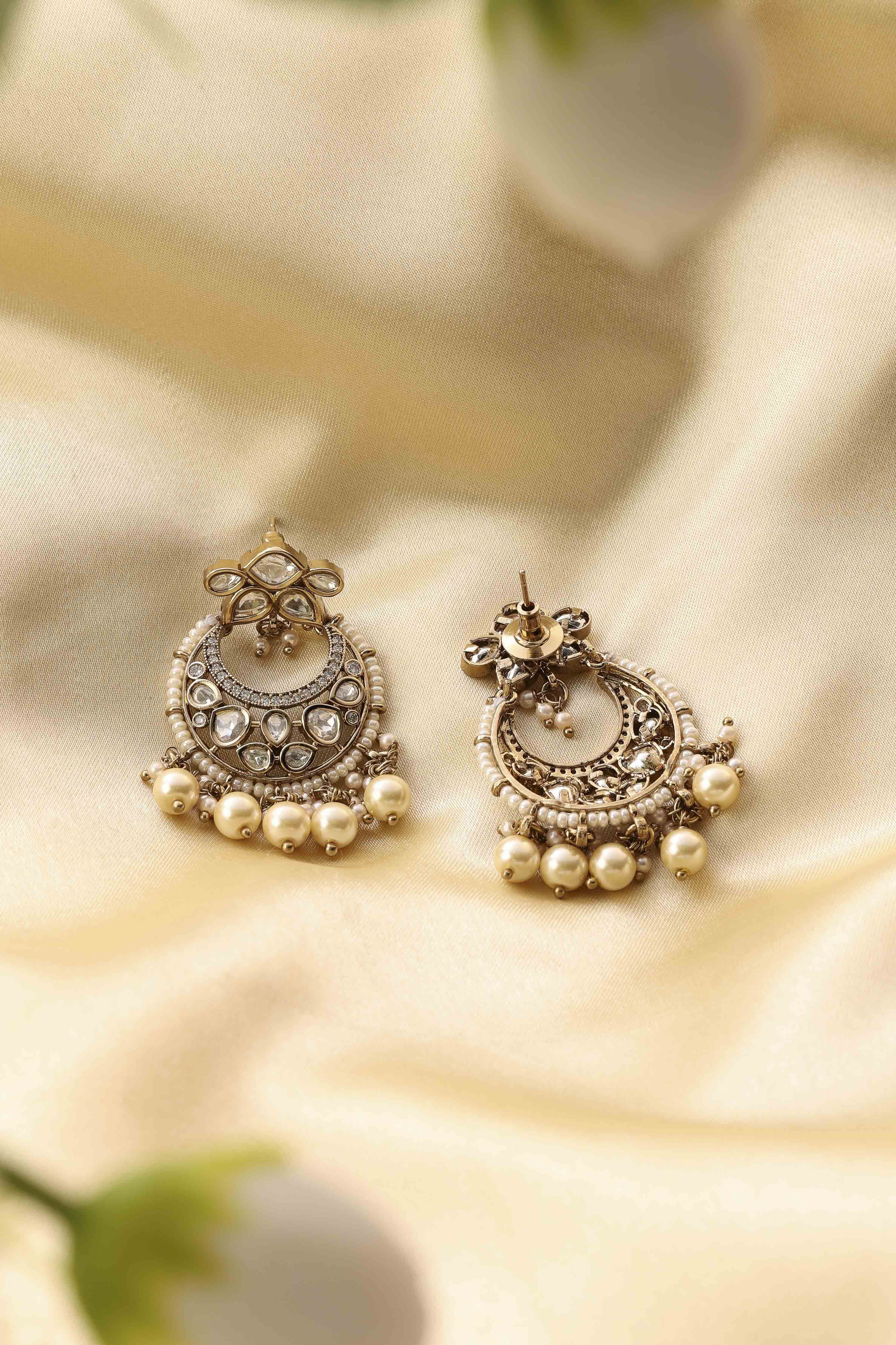 White Brass Gold-Plated Chandbali Earrings image number 2