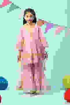 Peach Nylon Gathered Embroidered Kurta Garara Suit Set image number 7